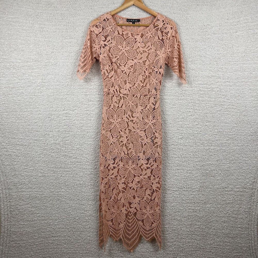 For Love And Lemons Dress Womens S Peach Luna Lace Midi Bodycon Tan Slip Cut Out